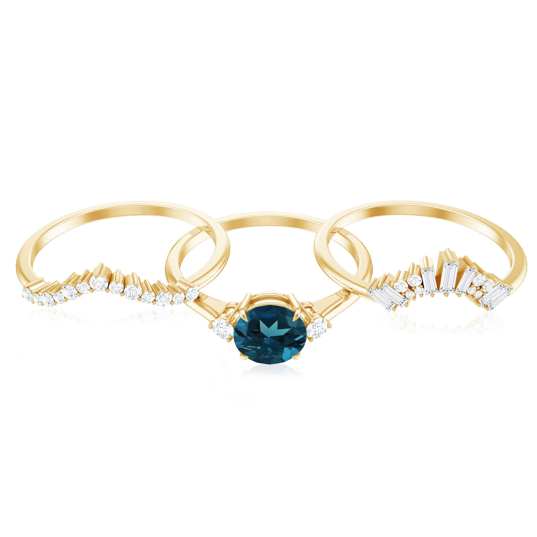 Vintage Inspired London Blue Topaz and Diamond Trio Wedding Ring Set