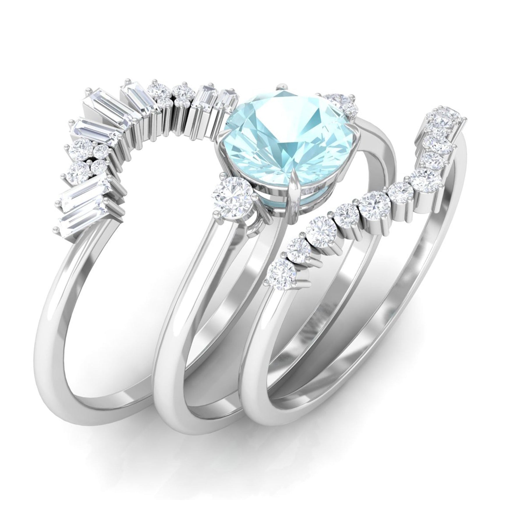 Round Sky Blue Topaz Designer Trio Wedding Ring Set with Diamond