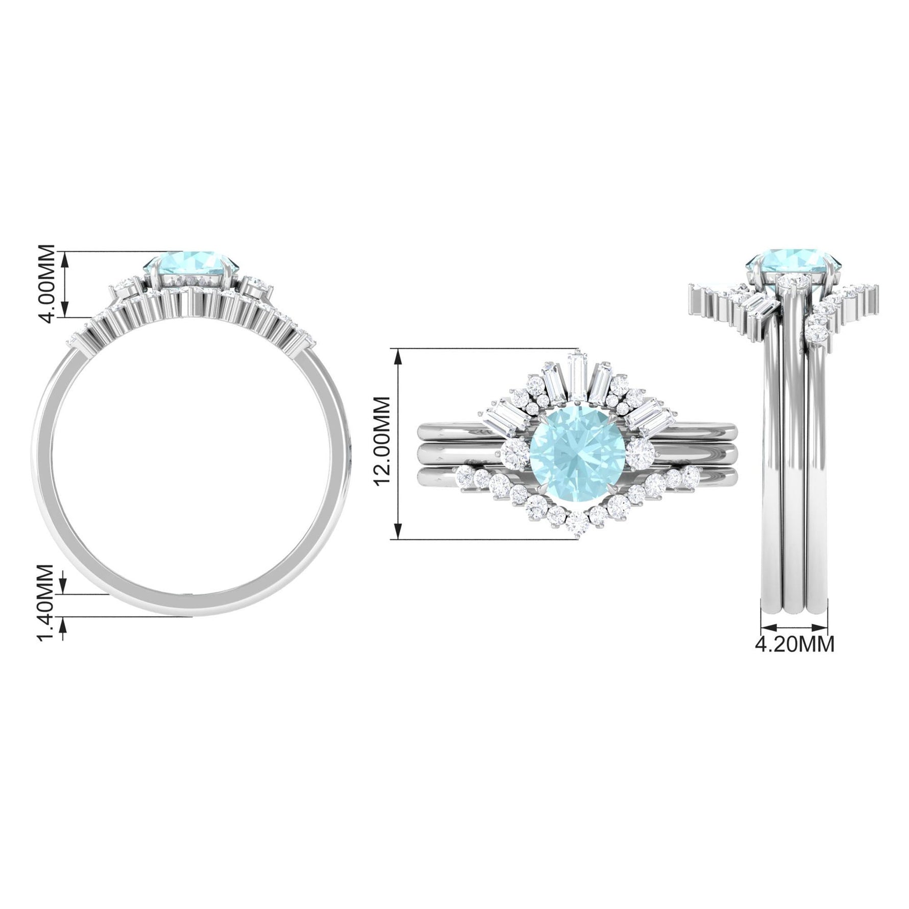 Round Sky Blue Topaz Designer Trio Wedding Ring Set with Diamond