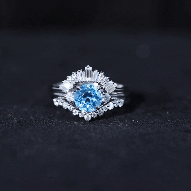 Round Swiss Blue Topaz Designer Trio Wedding Ring Set with Diamond