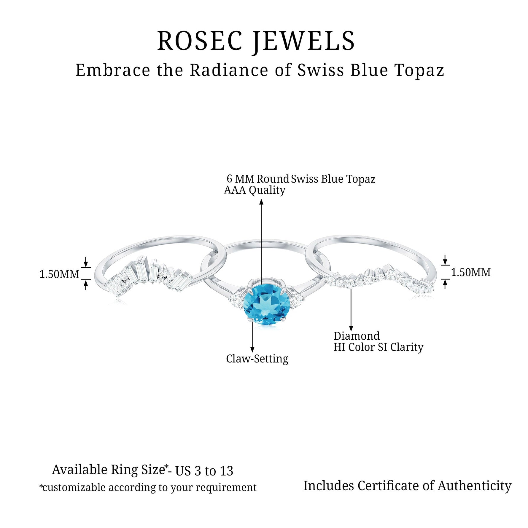 Round Swiss Blue Topaz Designer Trio Wedding Ring Set with Diamond