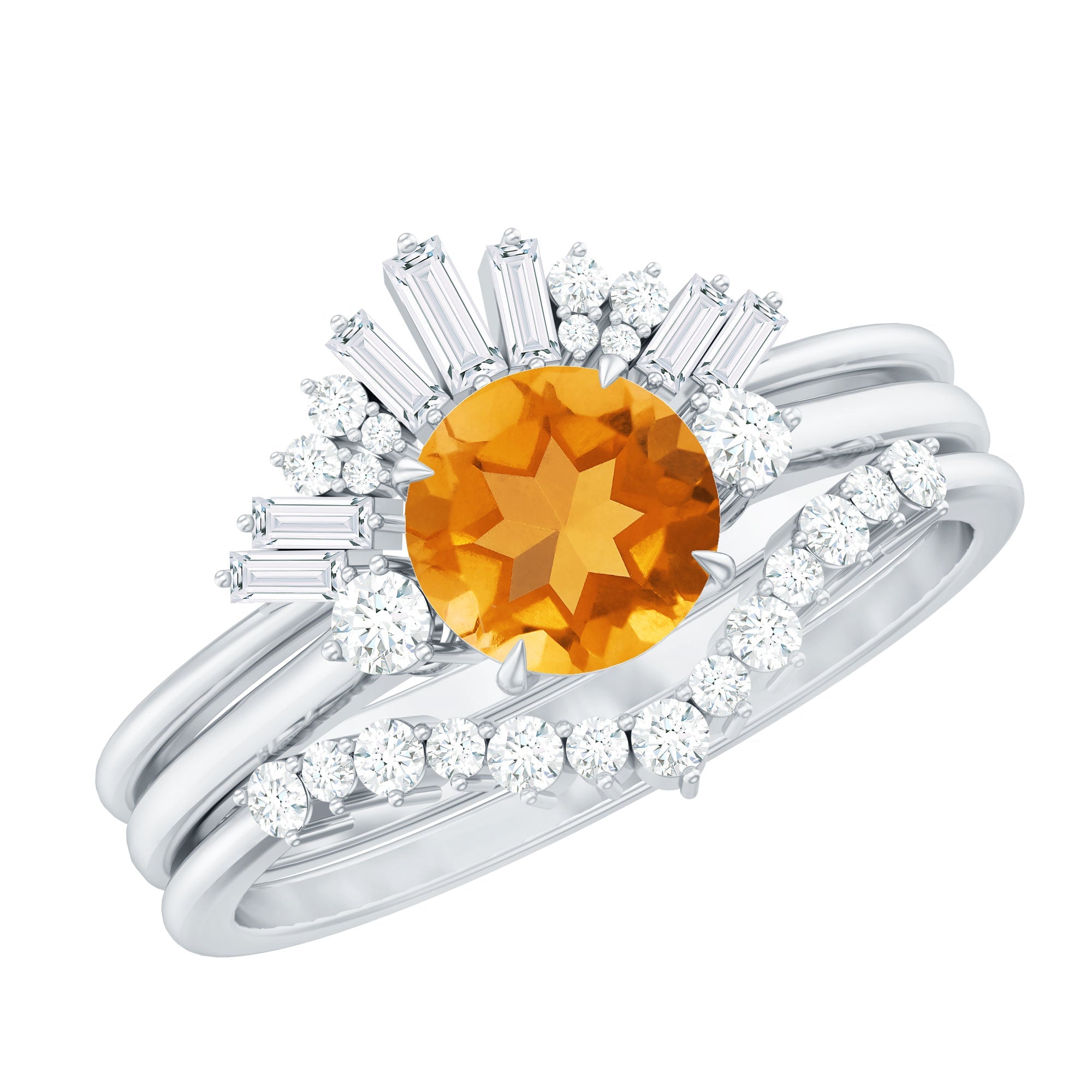 Round Citrine Designer Trio Wedding Ring Set with Moissanite