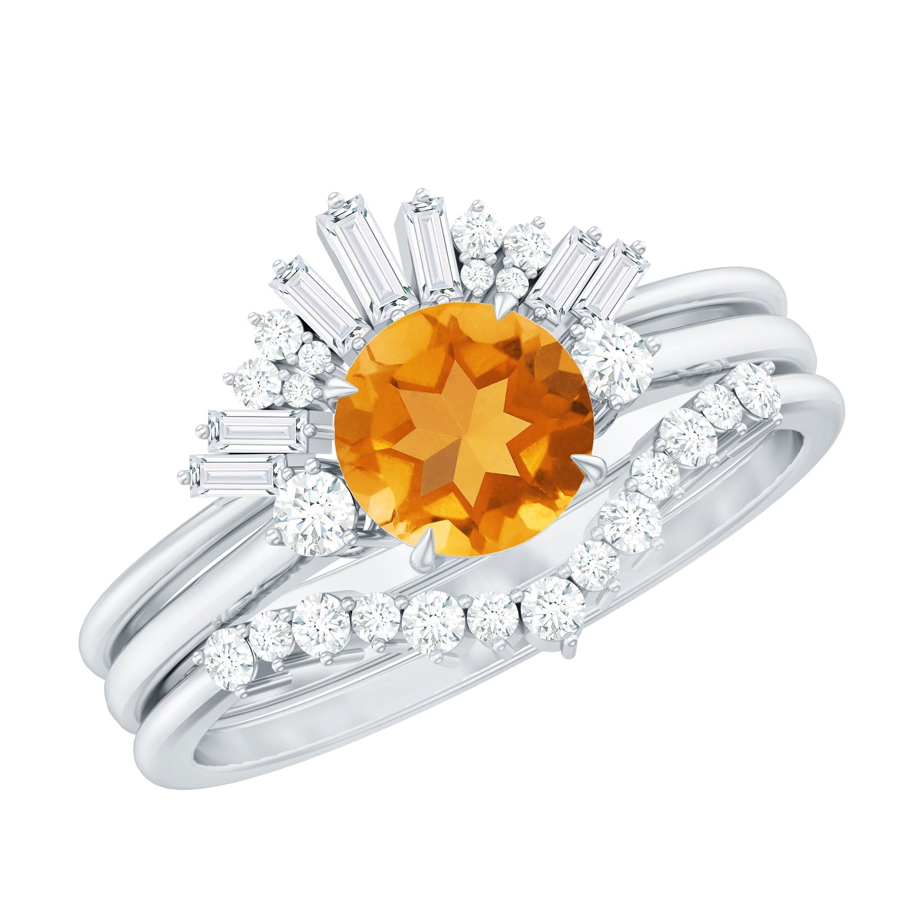 Round Citrine Designer Trio Wedding Ring Set with Moissanite