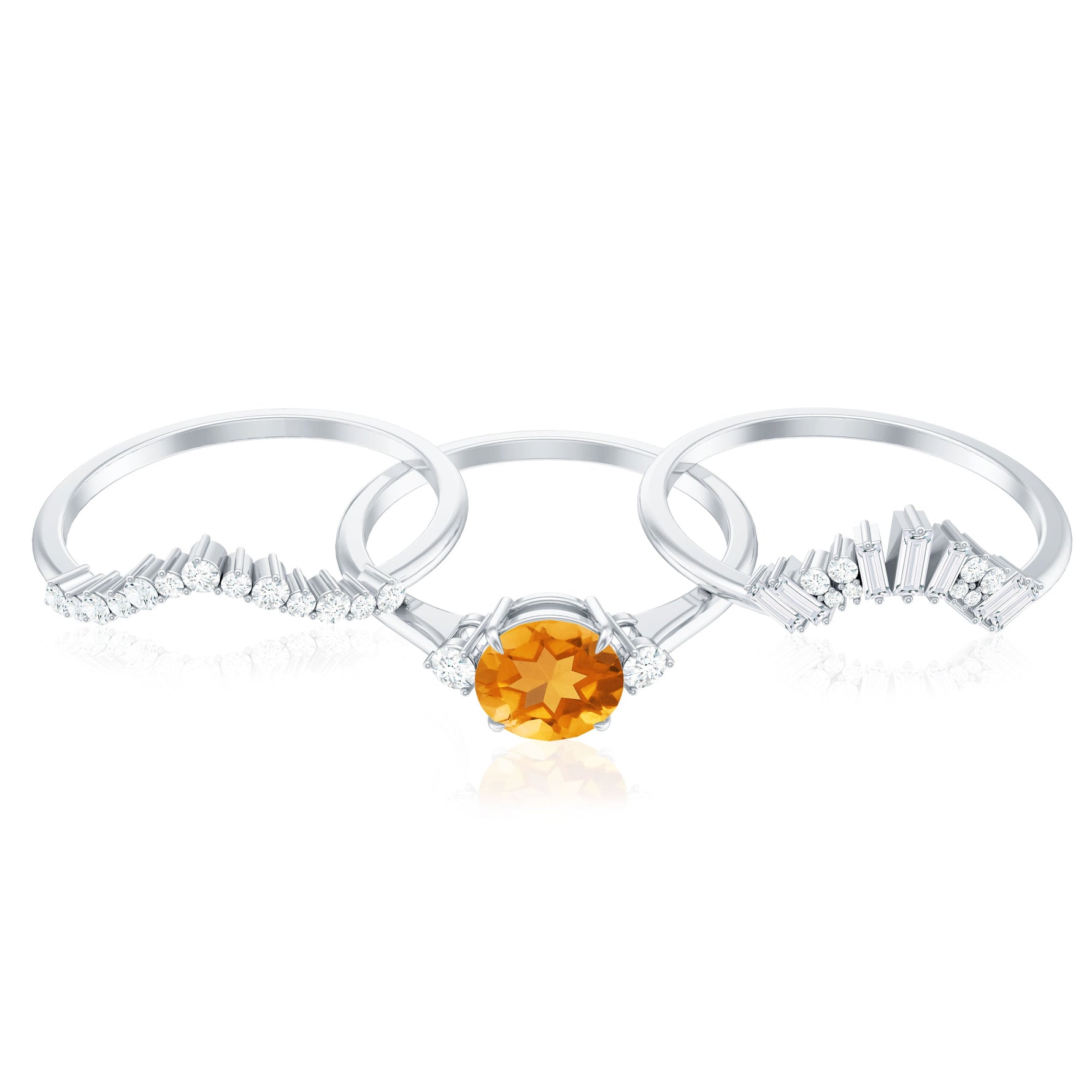 Round Citrine Designer Trio Wedding Ring Set with Moissanite