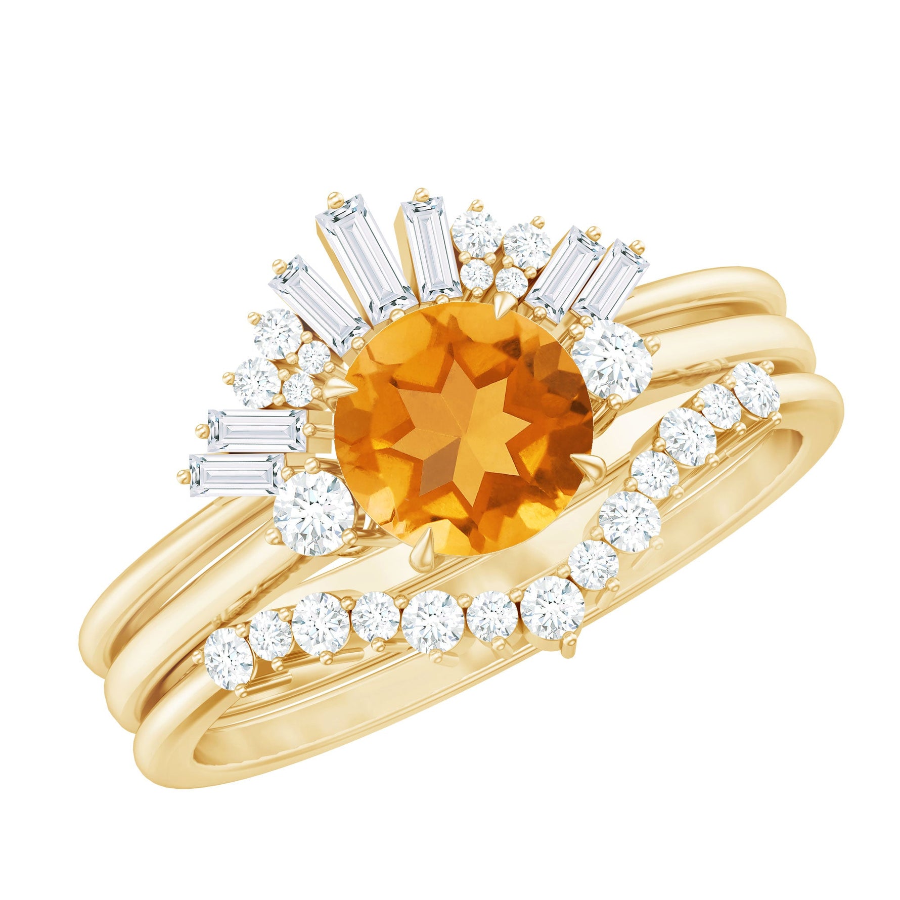 Round Citrine Designer Trio Wedding Ring Set with Moissanite