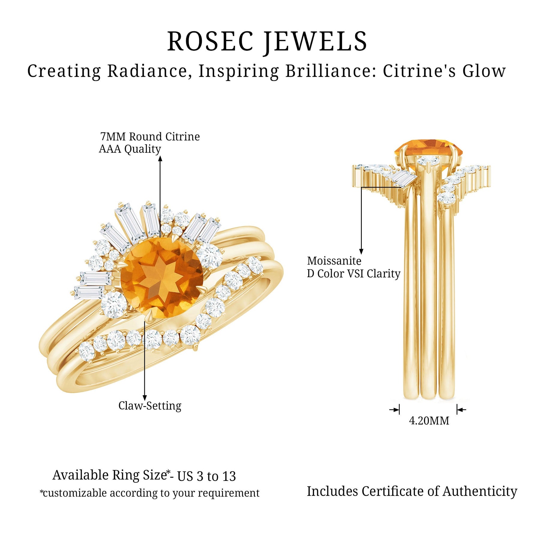 Round Citrine Designer Trio Wedding Ring Set with Moissanite