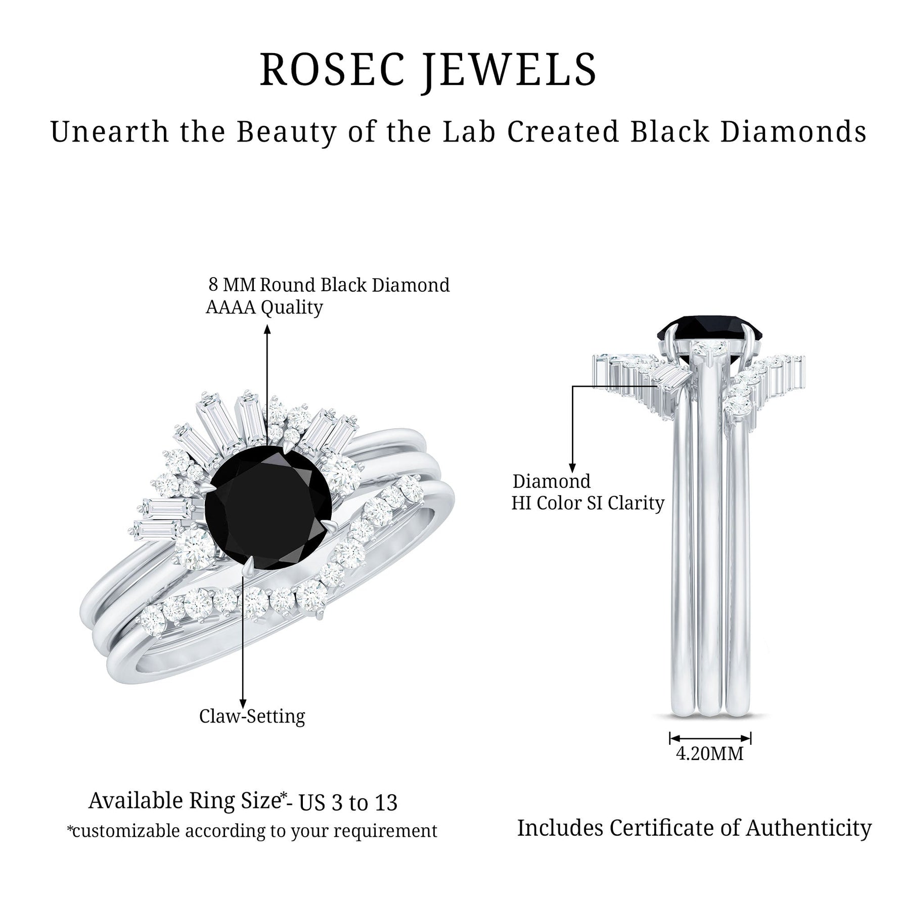 Created Black Diamond Designer Trio Wedding Ring Set with Diamond
