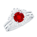 Vintage Inspired Lab Ruby and Diamond Trio Wedding Ring Set
