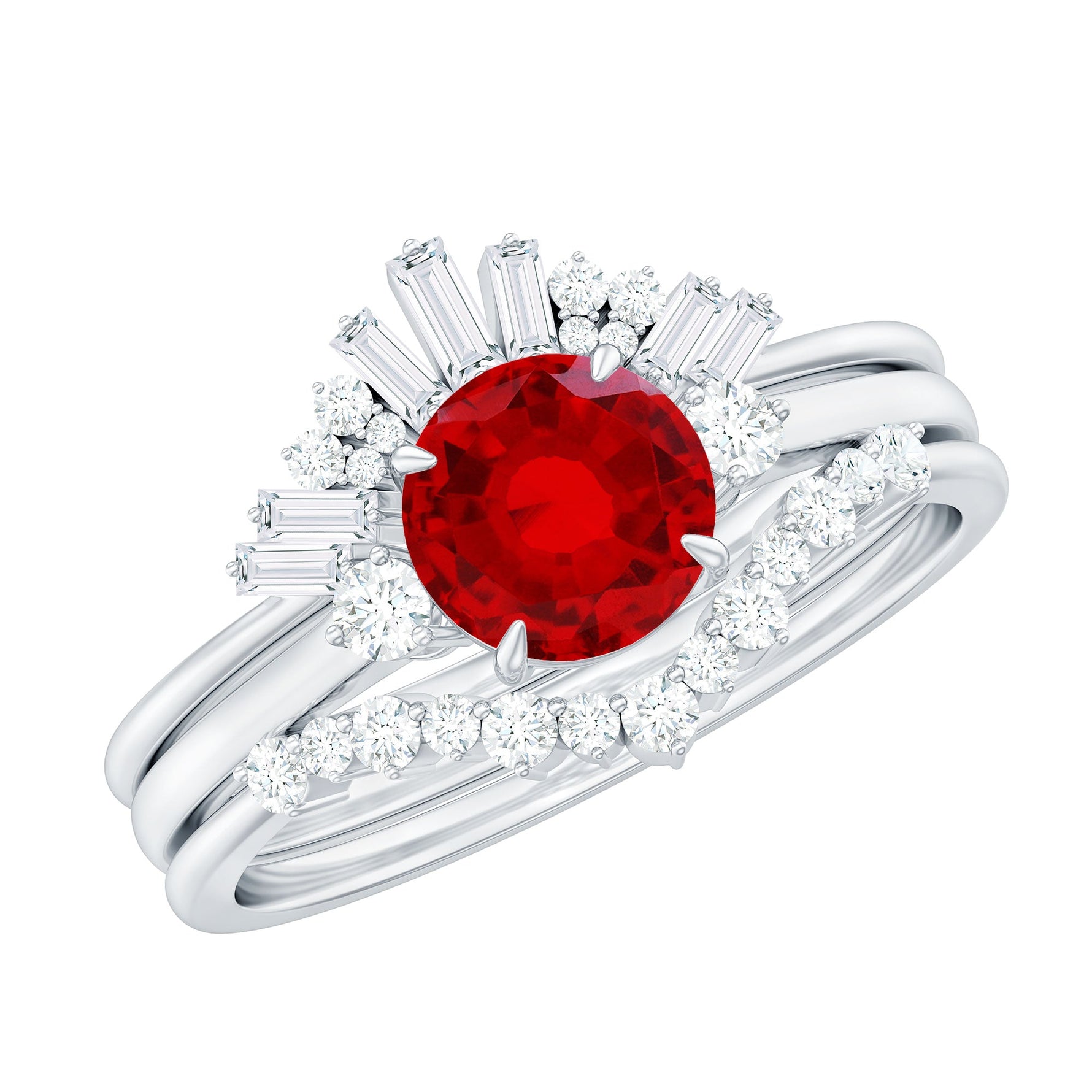 Vintage Inspired Lab Ruby and Diamond Trio Wedding Ring Set