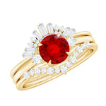 Vintage Inspired Lab Ruby and Diamond Trio Wedding Ring Set