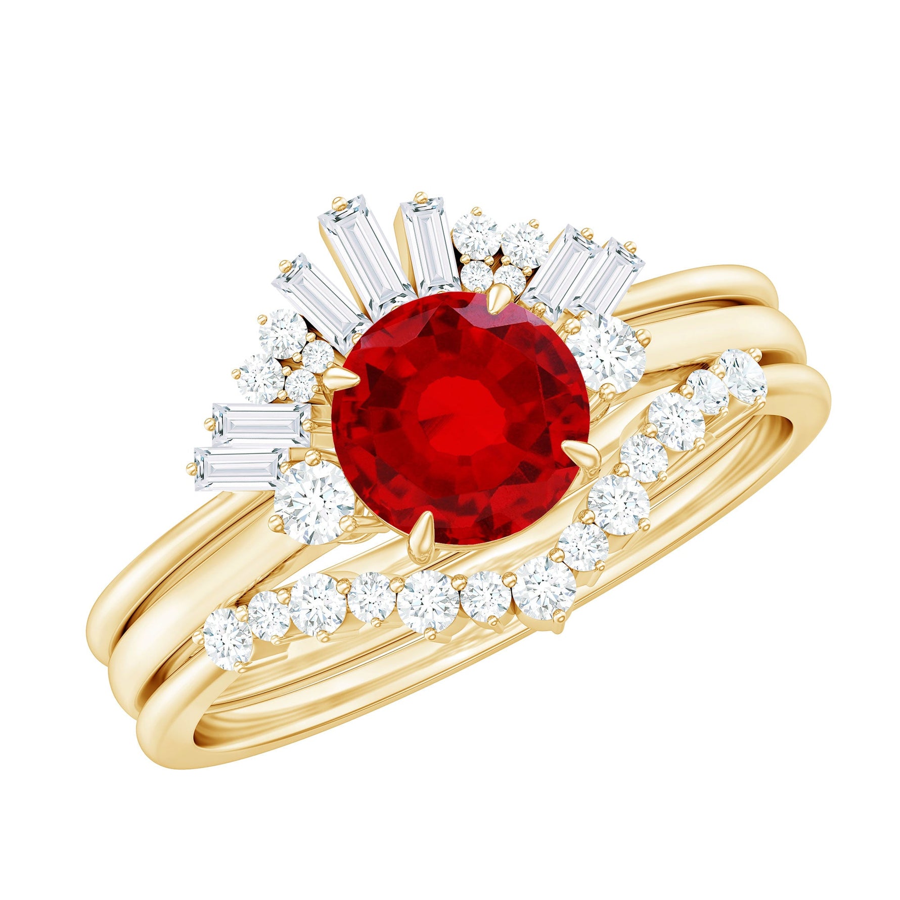 Vintage Inspired Lab Ruby and Diamond Trio Wedding Ring Set