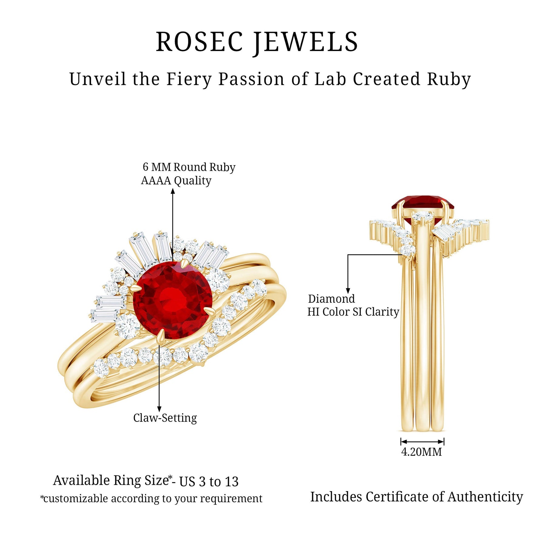 Vintage Inspired Lab Ruby and Diamond Trio Wedding Ring Set