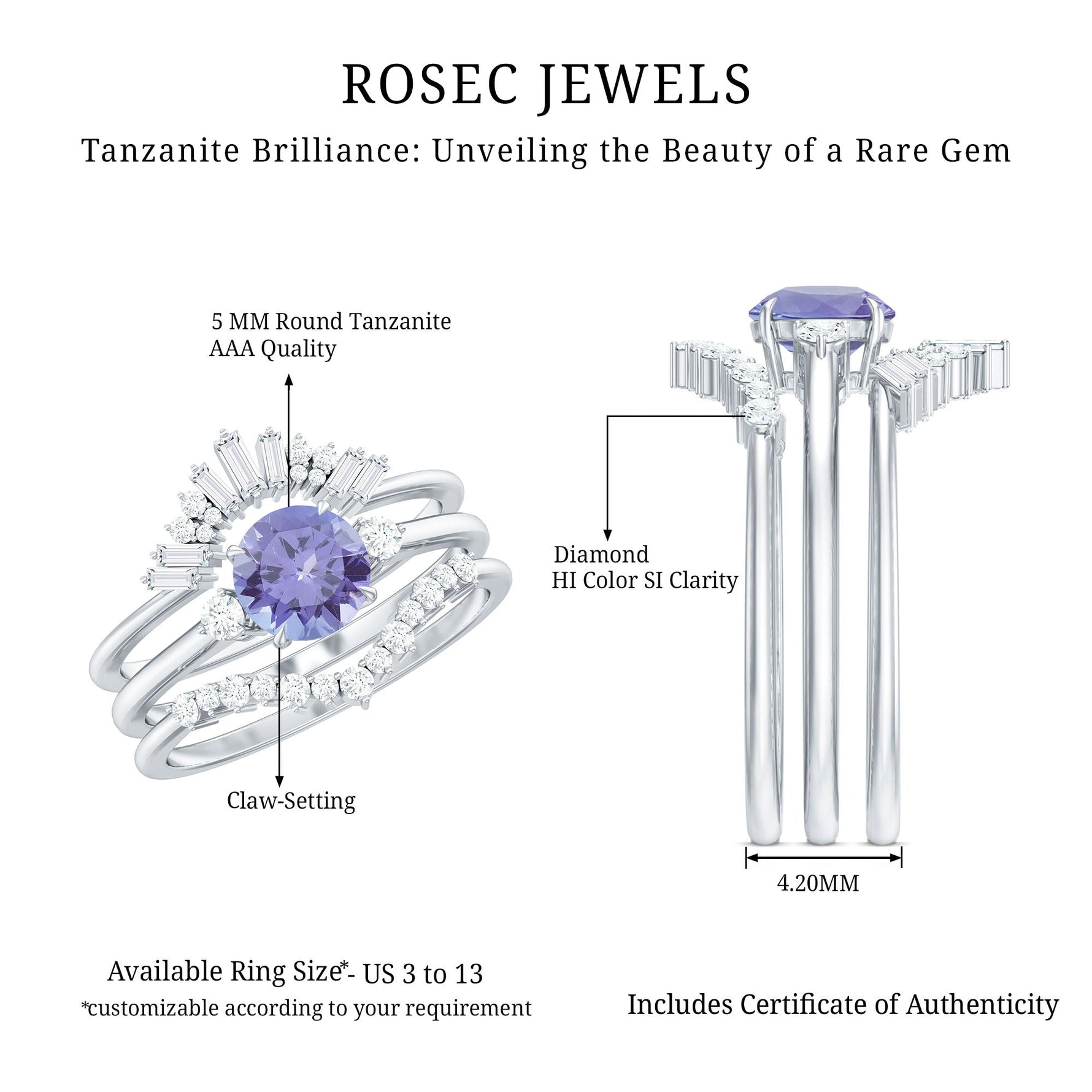 1.5 CT Round Tanzanite Designer Trio Wedding Ring Set with Diamond