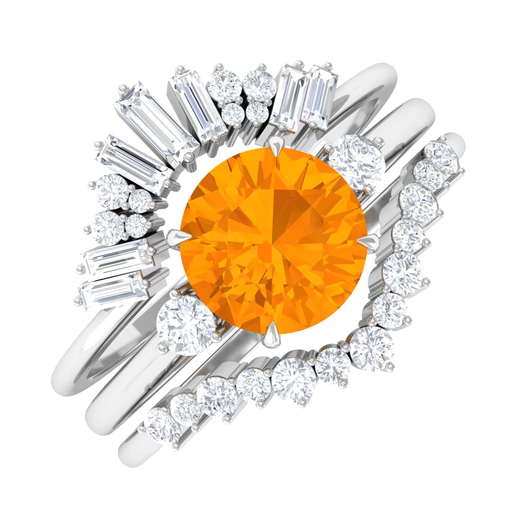 Fire Opal Designer Trio Wedding Ring Set with Moissanite