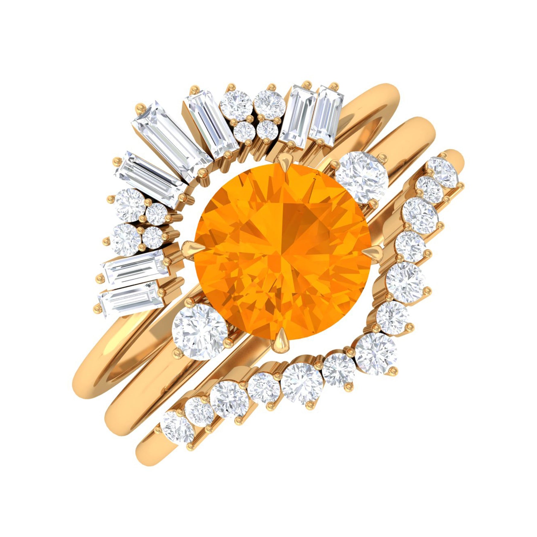 Fire Opal Designer Trio Wedding Ring Set with Moissanite