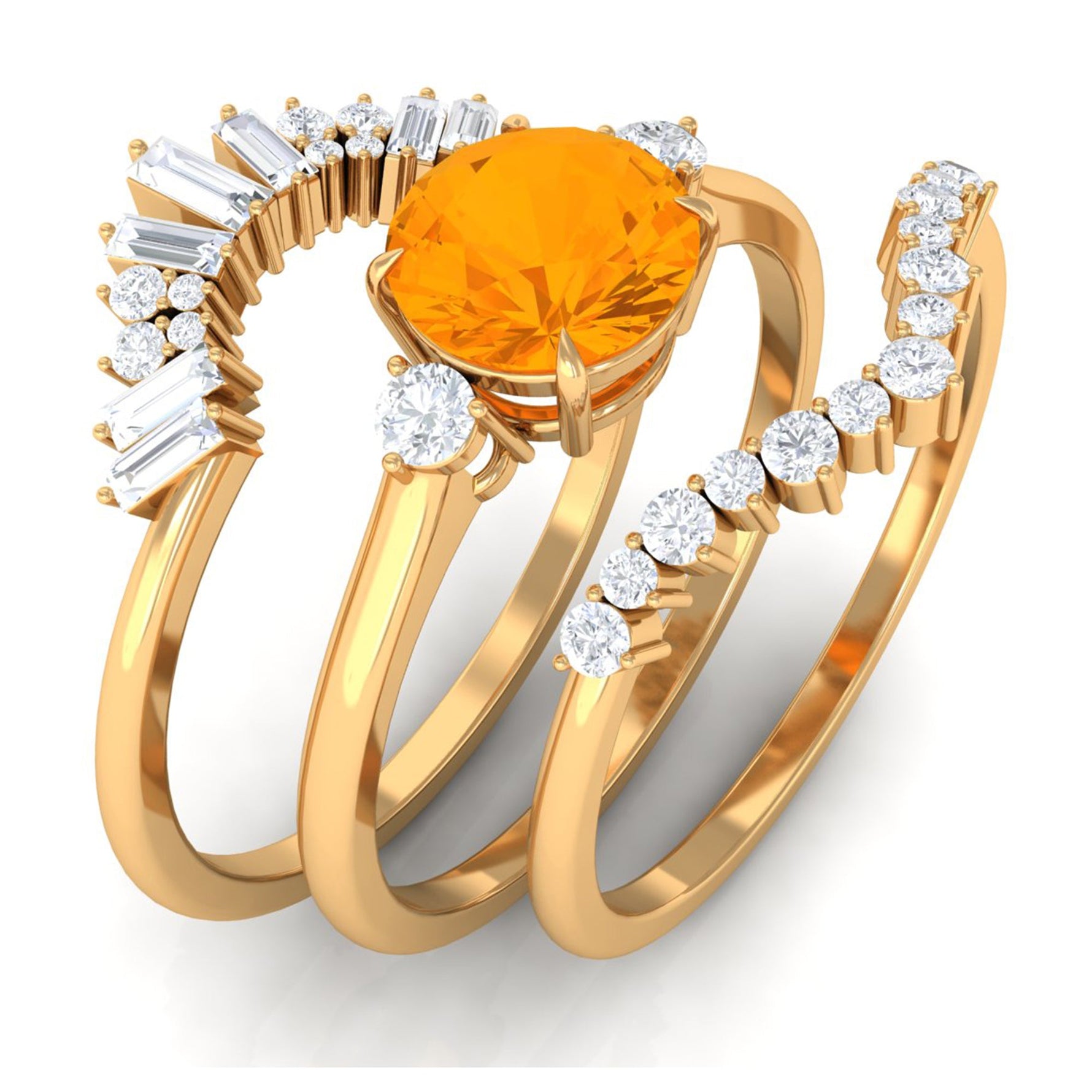 Fire Opal Designer Trio Wedding Ring Set with Moissanite