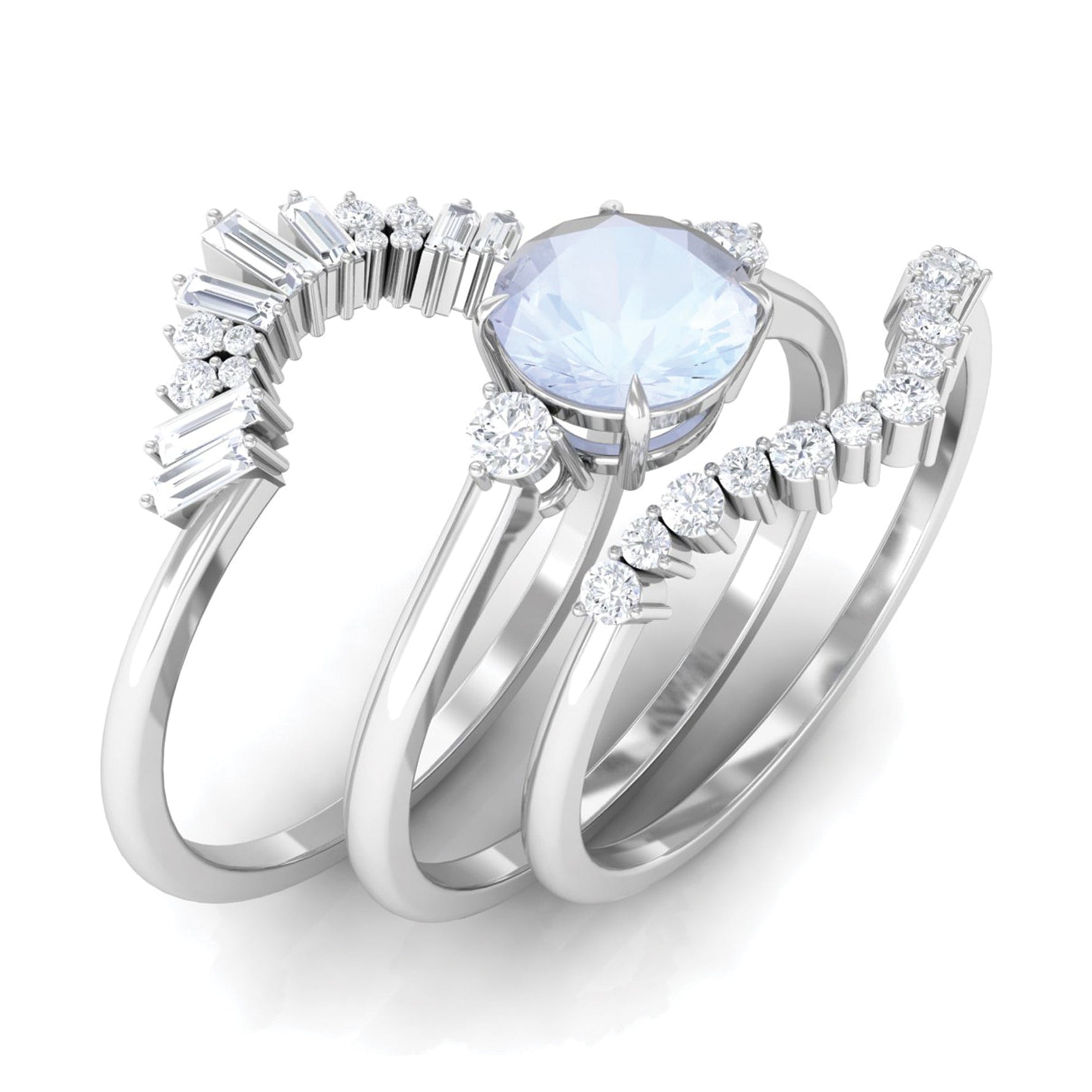 Round Moonstone Designer Trio Wedding Ring Set with Diamond