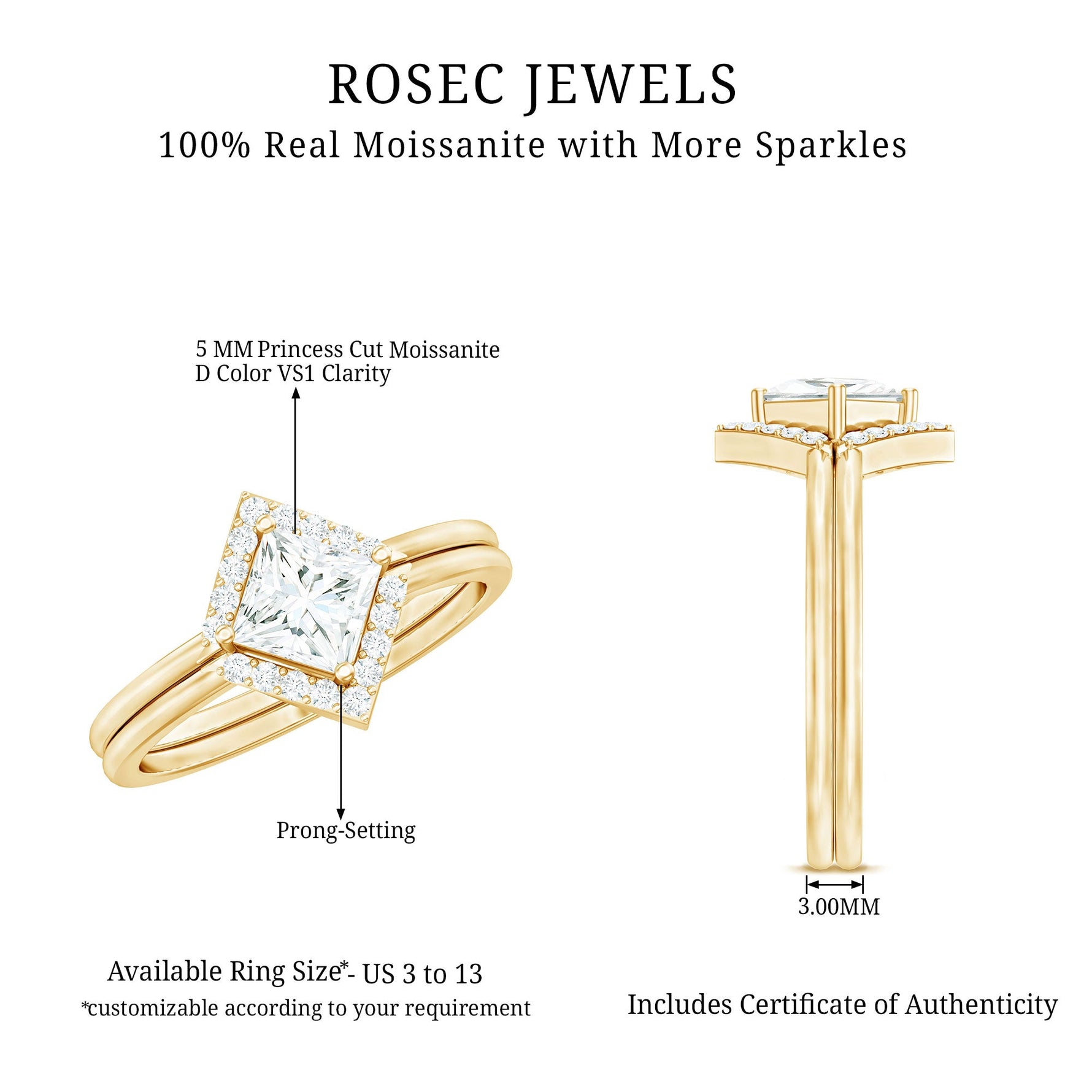 Certified Moissanite Princess Cut Wedding Ring Set for Women