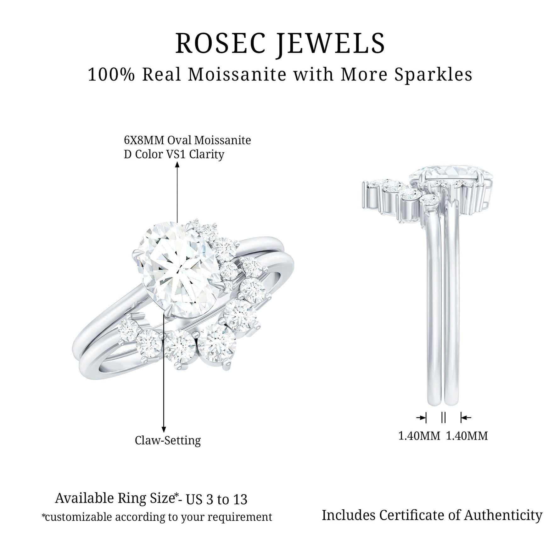 2 CT Oval Cut Moissanite Halo Wedding Ring Set With Certificate