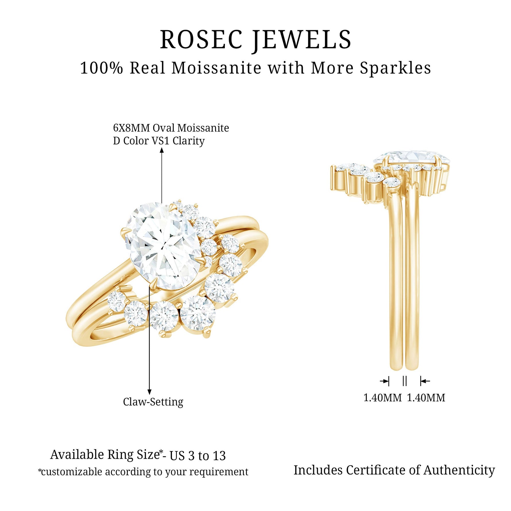 2 CT Oval Cut Moissanite Halo Wedding Ring Set With Certificate