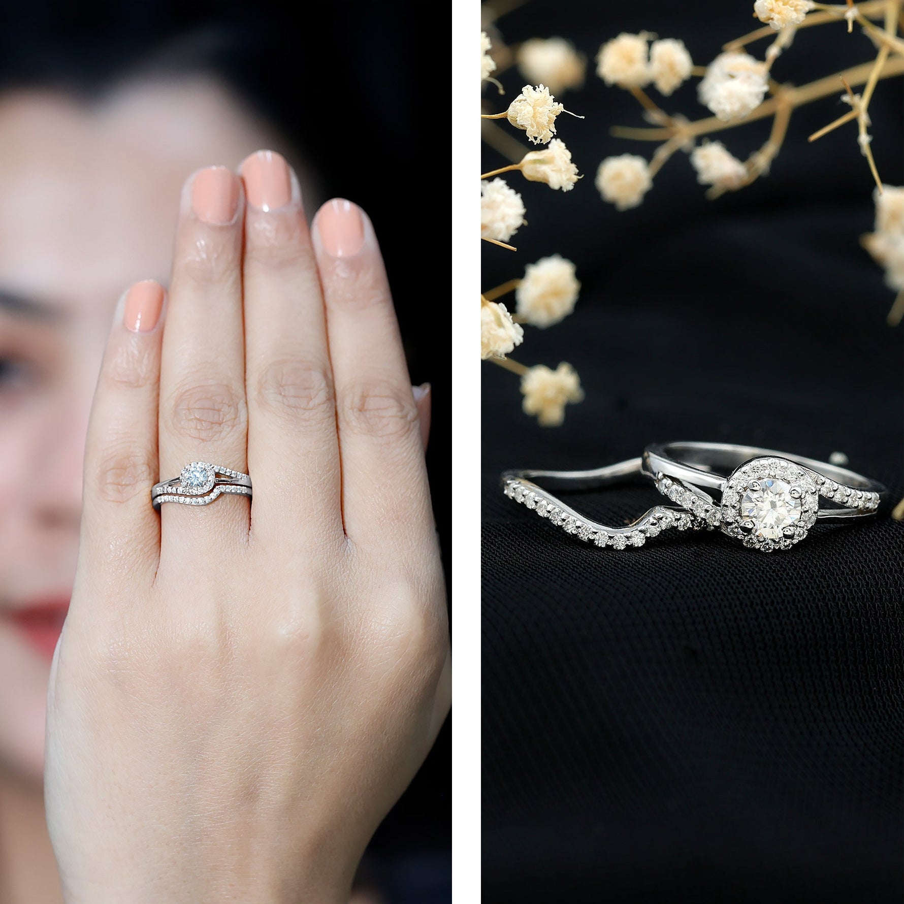 Round Moissanite Bypass Wedding Ring Set