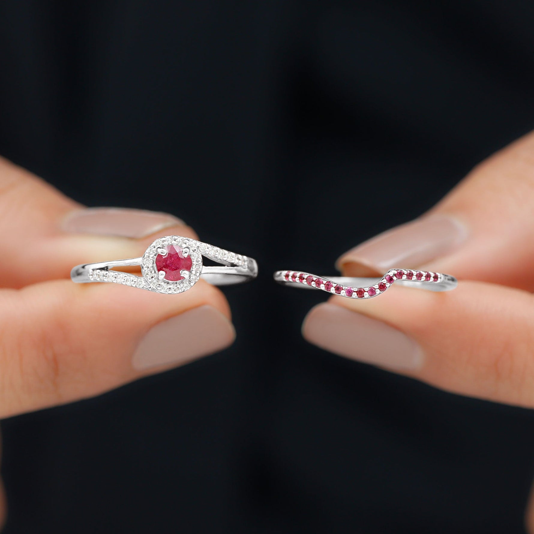 Minimal Bypass Wedding Ring Set with Ruby and Diamond