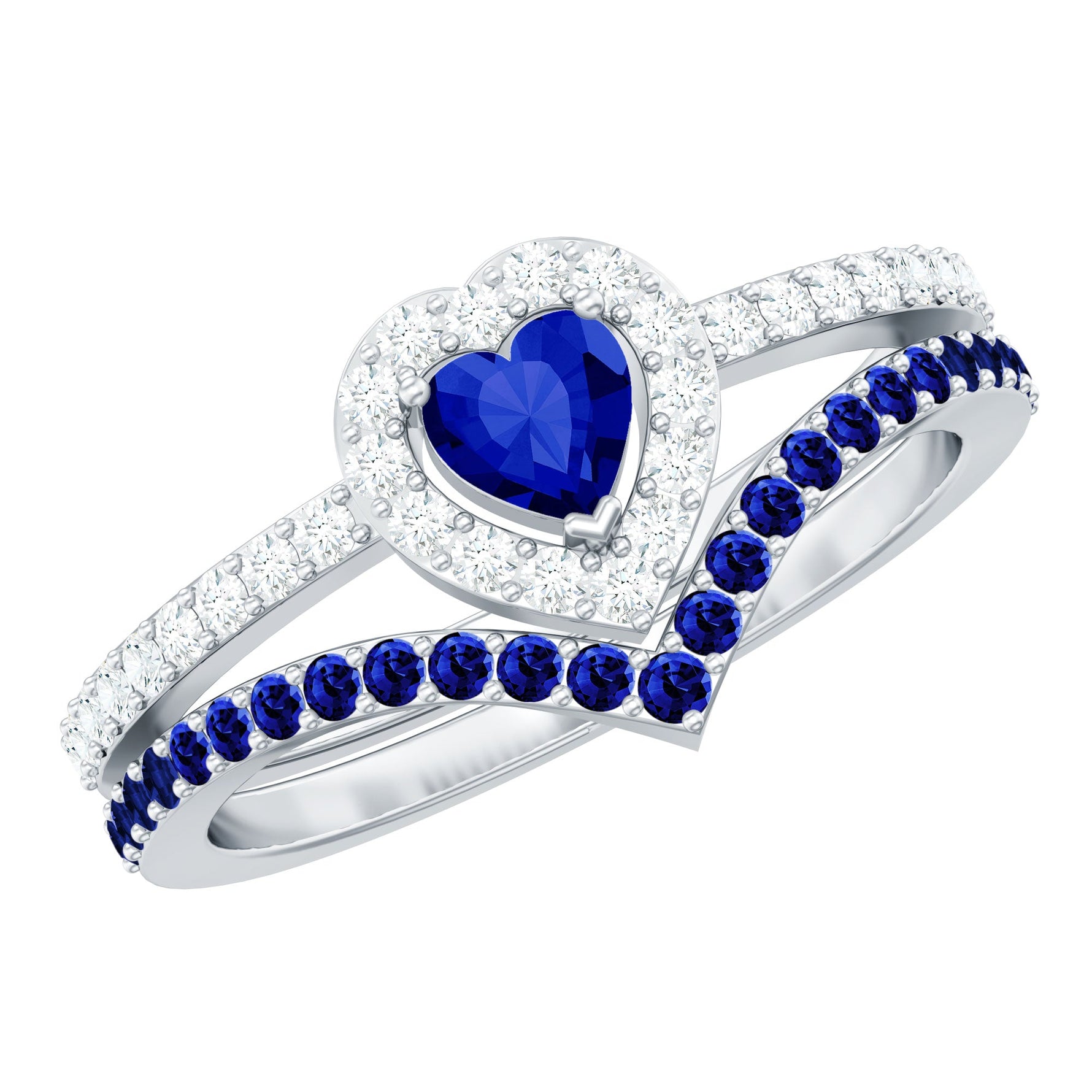 1 CT Created Blue Sapphire and Diamond Heart Wedding Ring Set