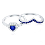 1 CT Created Blue Sapphire and Diamond Heart Wedding Ring Set