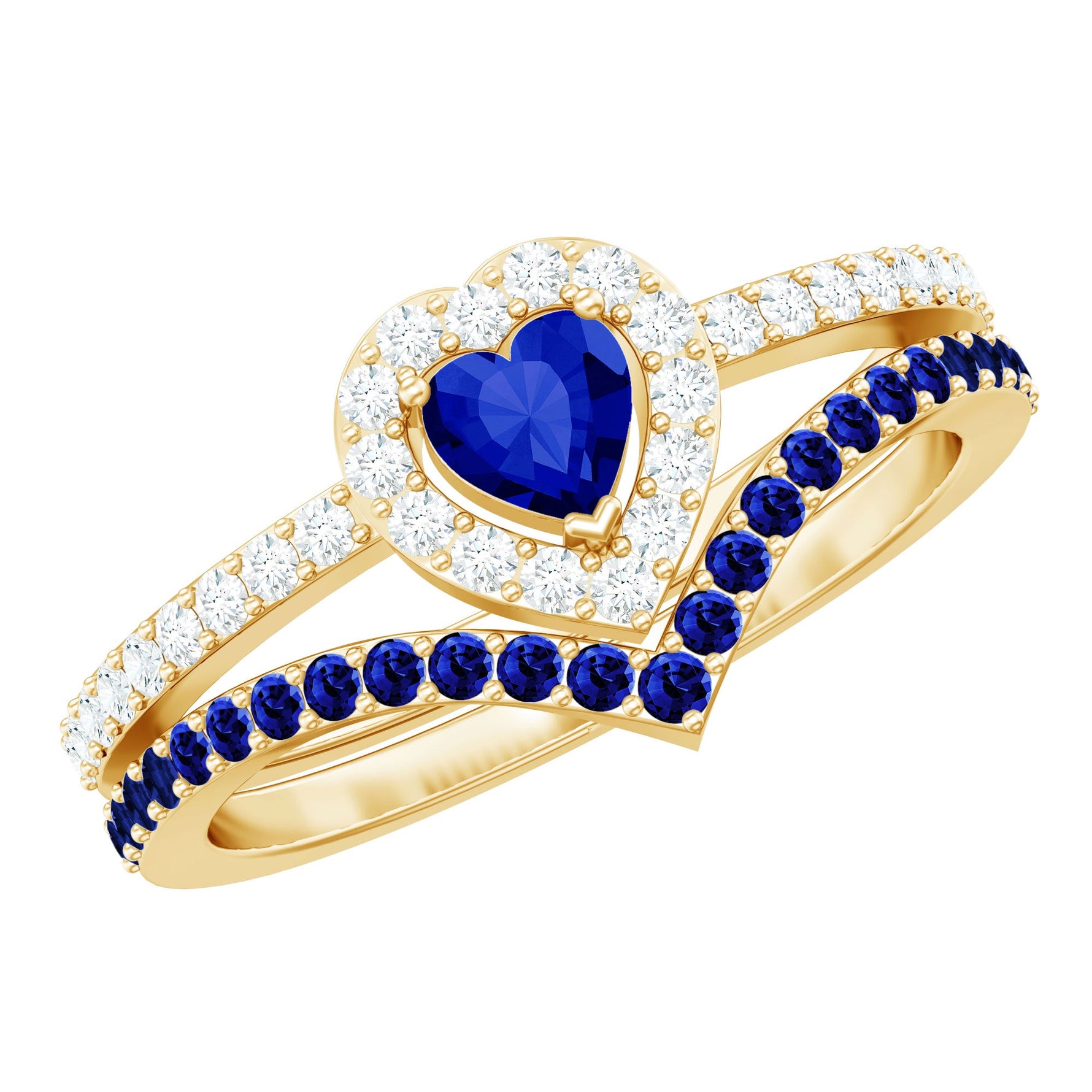 1 CT Created Blue Sapphire and Diamond Heart Wedding Ring Set
