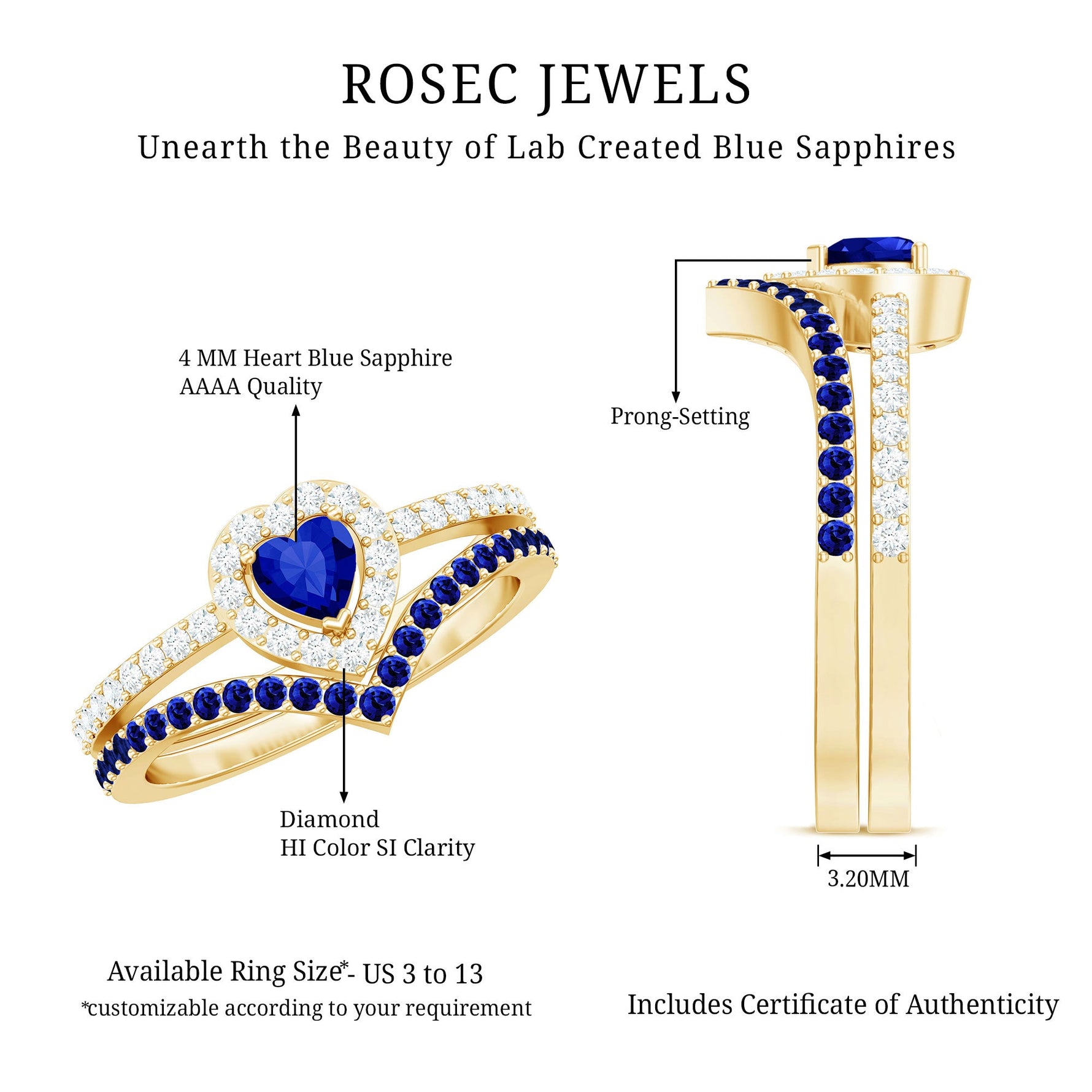 1 CT Created Blue Sapphire and Diamond Heart Wedding Ring Set