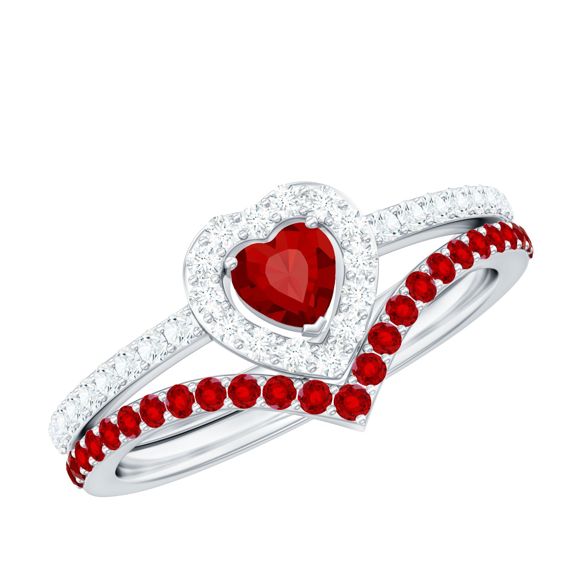 Lab Created Ruby and Diamond Heart Wedding Ring Set