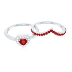Lab Created Ruby and Diamond Heart Wedding Ring Set