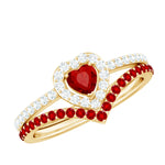 Lab Created Ruby and Diamond Heart Wedding Ring Set