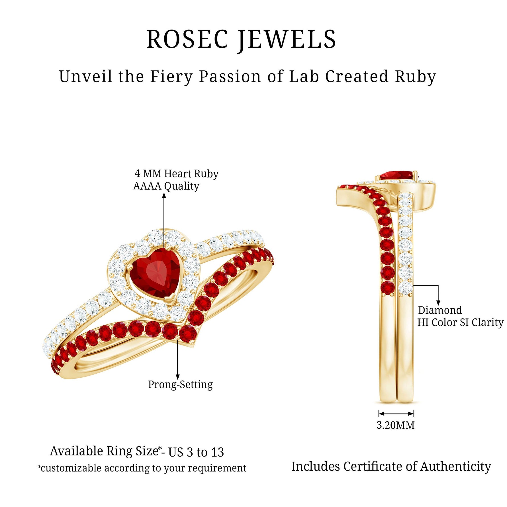 Lab Created Ruby and Diamond Heart Wedding Ring Set