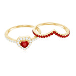 Lab Created Ruby and Diamond Heart Wedding Ring Set