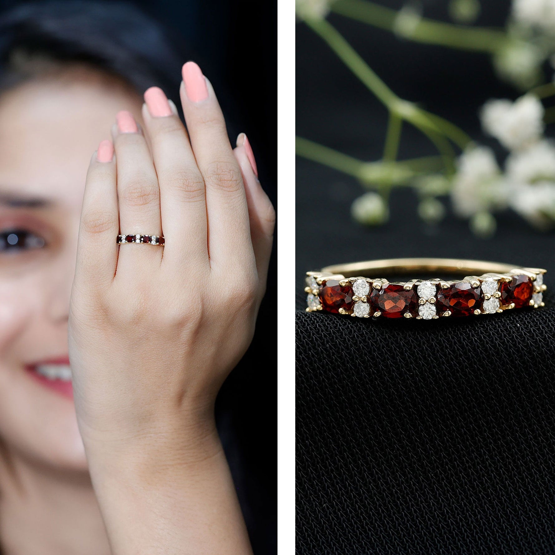 Natural Garnet Half Eternity Ring in Yellow Gold Plated Silver
