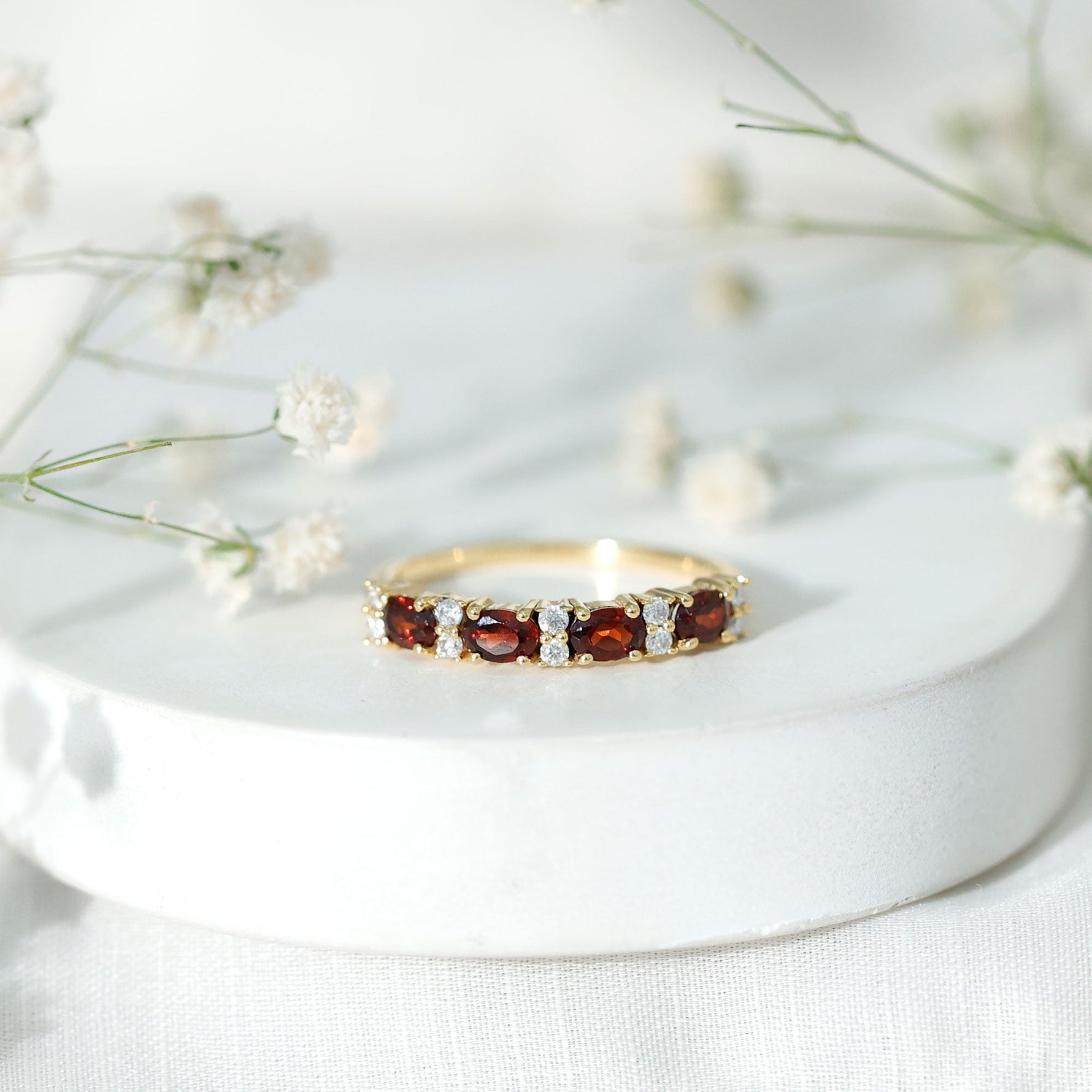 Natural Garnet Half Eternity Ring in Yellow Gold Plated Silver