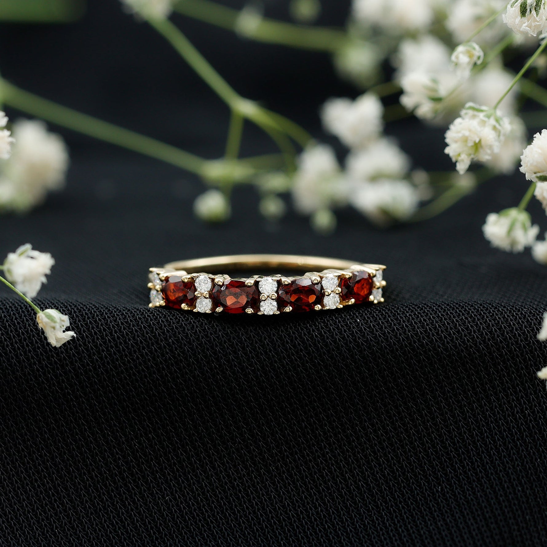 Natural Garnet Half Eternity Ring in Yellow Gold Plated Silver