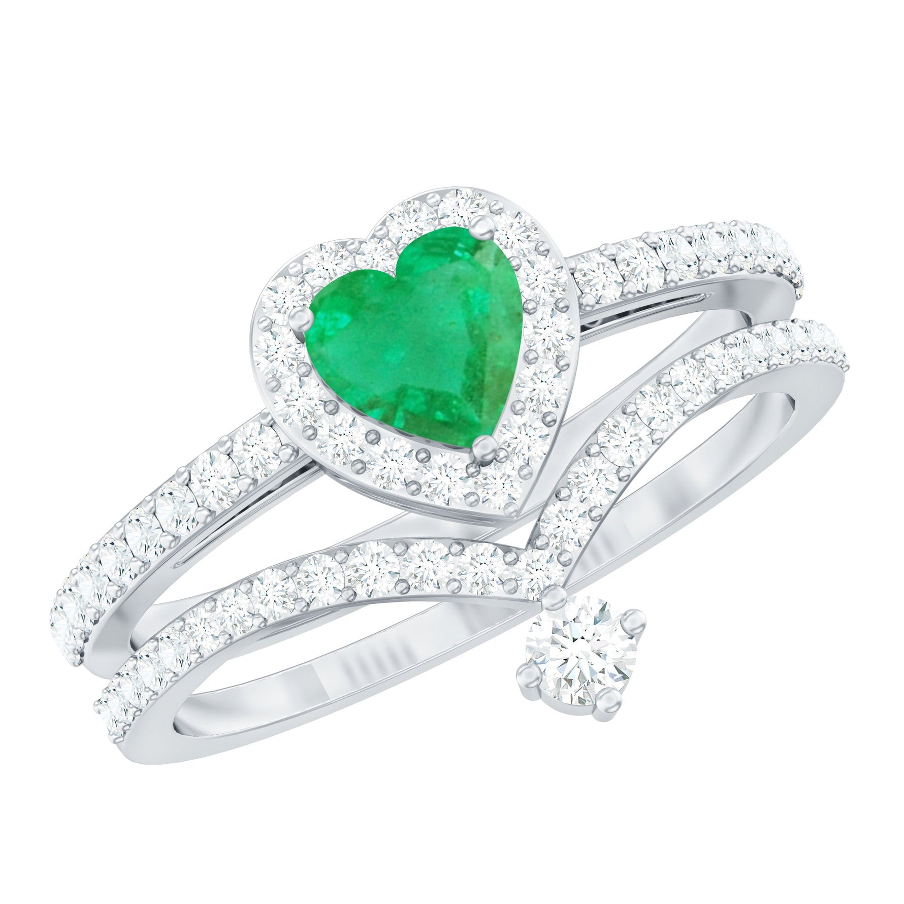 Real Emerald and Diamond Heart Wedding Ring Set with Certificate