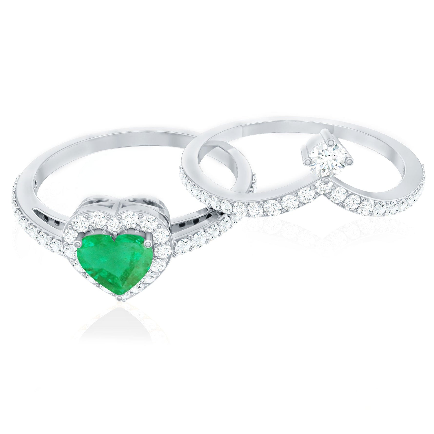 Real Emerald and Diamond Heart Wedding Ring Set with Certificate