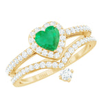 Real Emerald and Diamond Heart Wedding Ring Set with Certificate