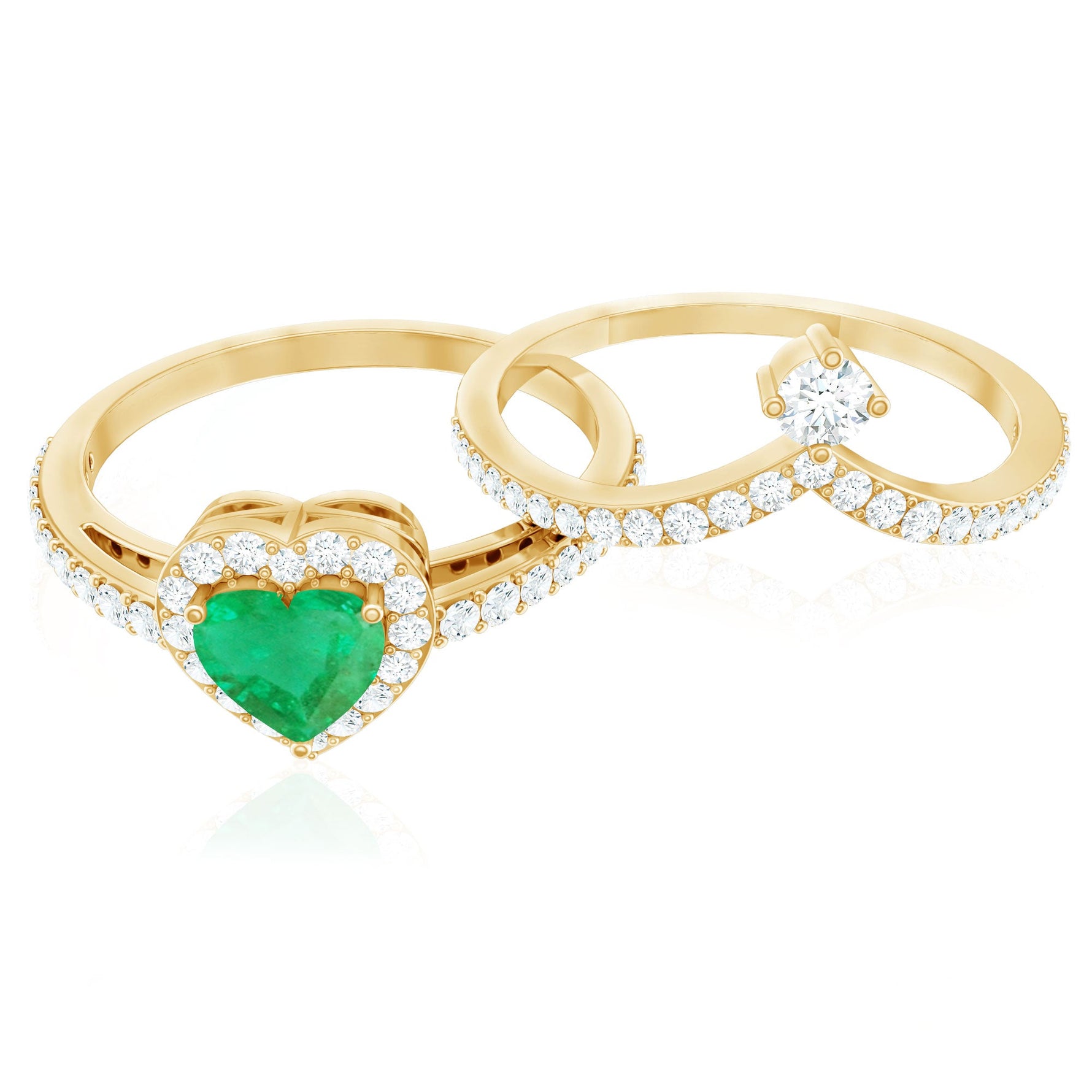 Real Emerald and Diamond Heart Wedding Ring Set with Certificate