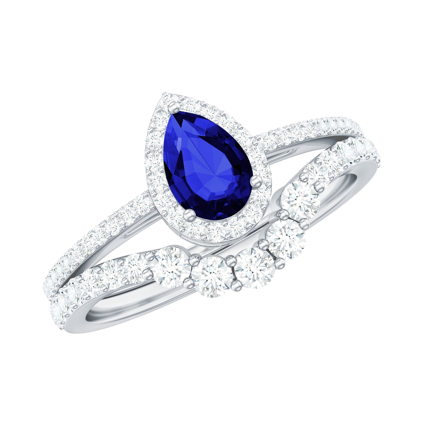 Certified Pear Cut Lab Created Blue Sapphire Designer Wedding Rings Set with Diamond