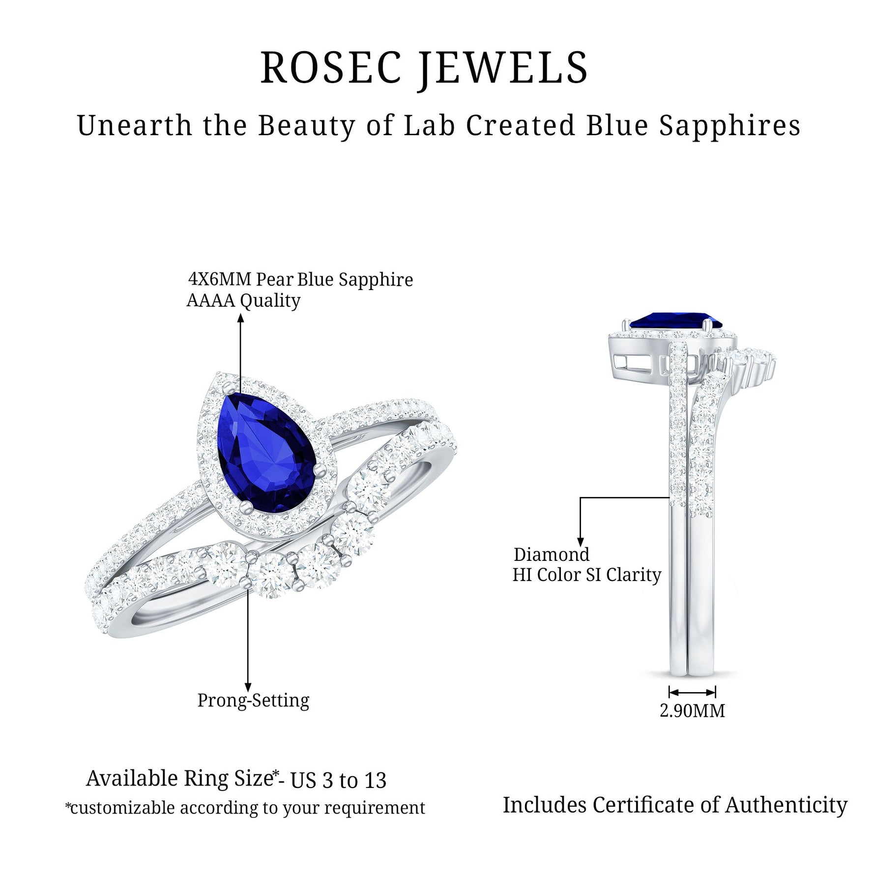 Certified Pear Cut Lab Created Blue Sapphire Designer Wedding Rings Set with Diamond