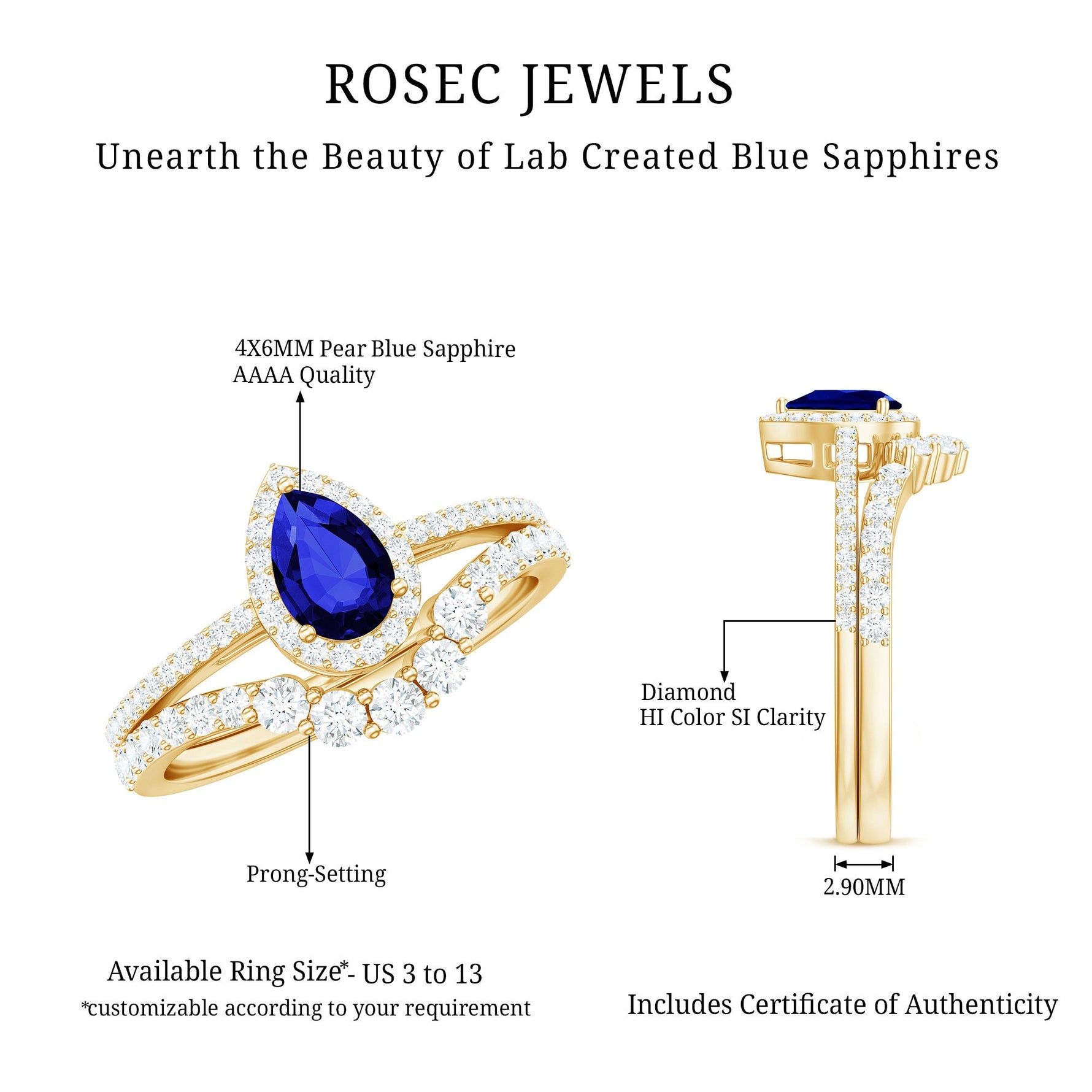 Certified Pear Cut Lab Created Blue Sapphire Designer Wedding Rings Set with Diamond