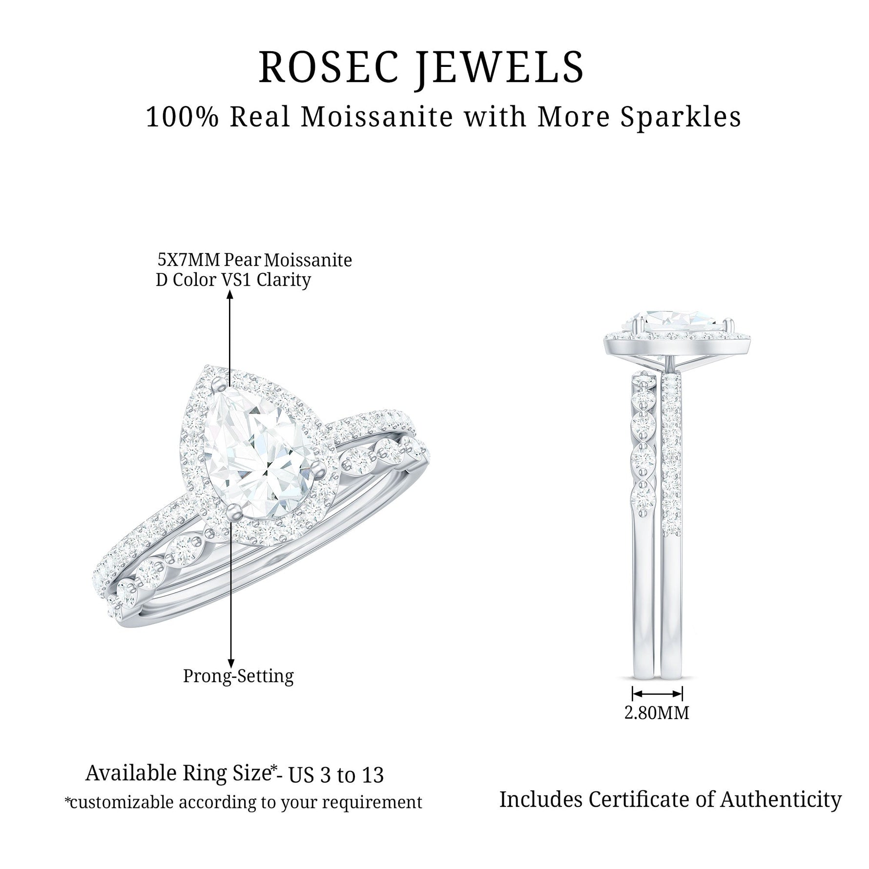 1.75 CT Moissanite Teardrop Wedding Ring Set with Halo