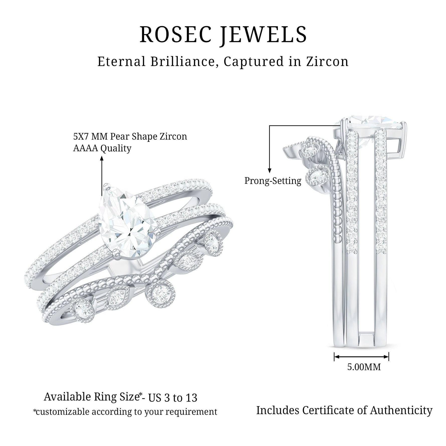 1.50 CT Pear Cut Solitaire Zircon Wedding Ring Set in Gold