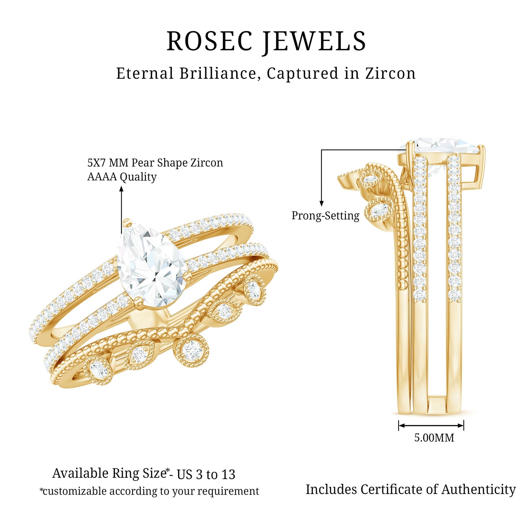 1.50 CT Pear Cut Solitaire Zircon Wedding Ring Set in Gold