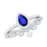Created Blue Sapphire and Diamond Vintage Inspired Wedding Ring Set