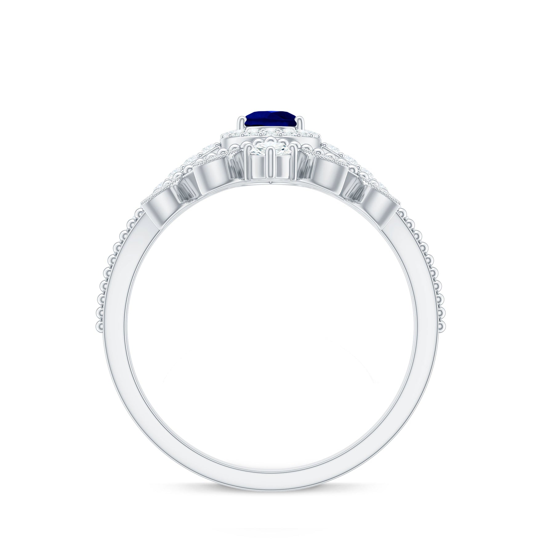 Created Blue Sapphire and Diamond Vintage Inspired Wedding Ring Set
